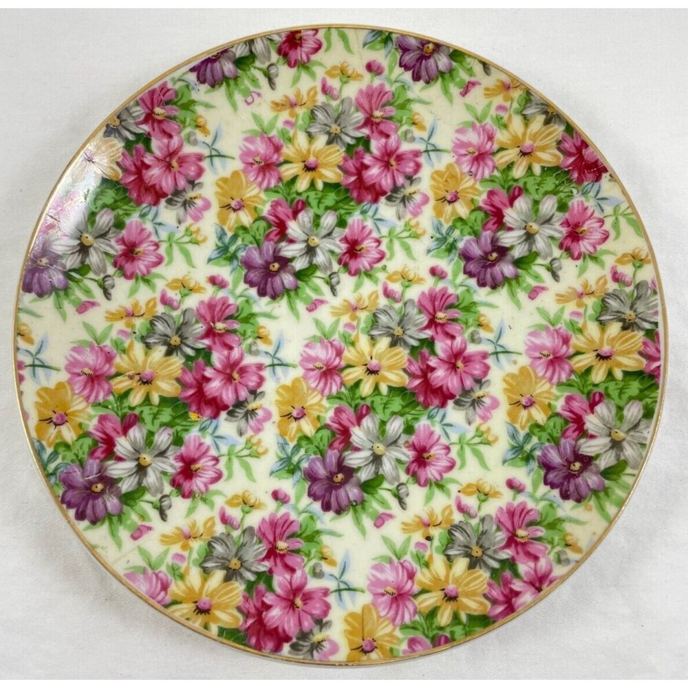 Floral Chintz Round Plate 7.25" Royal Winton? Pink Yellow Purple Numbered